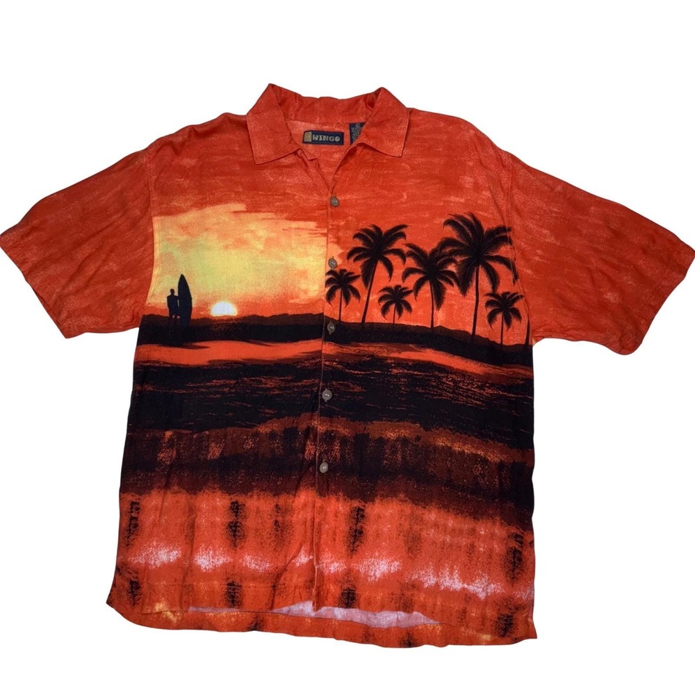 Vintage Wingo Hawaiian Shirt Sunset Beach‎ Palm Trees Surfer Rayon Mens L